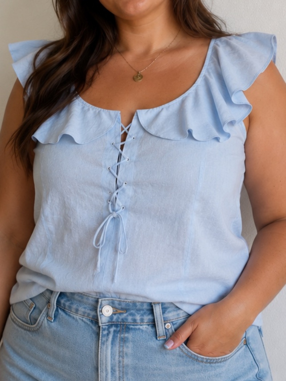 Lewit Light Blue Ruffle Lace-Up Camisole Linen and Cotton Blend